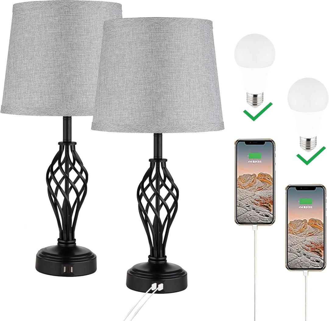 Charging Table Lamps Set of 2, nightstand lamp with USB Ports Bedside Desk lamp for Living Room Bedroom,Black Spiral cage Base Design 3 Color Temperature LED Bulbs Included.