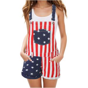 Kids 4th of July Outfit Boy American Flag Overall Girl Stretch Denim Jumpsuit USA Shorts Jumpsuit (Medium, Mom Striped Red)