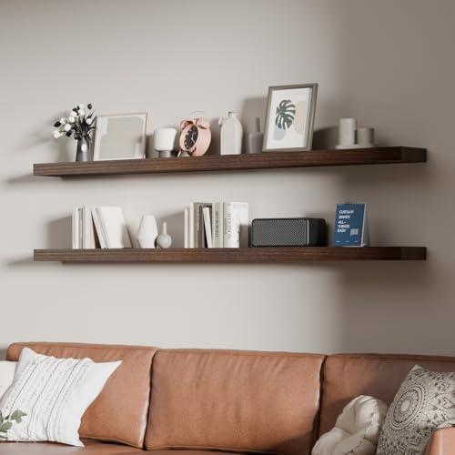 ONOTETUT 60 inch Long Floating Shelves for Wall,Solid Wood Long Shelves Set of 2,Walnut Rustic Mounted Shelves for Bathroom Bedroom Laundry Room (Walnut, 60 Inch)