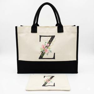 Personalized Initial Canvas Beach Bag, Canvas Tote Bag with Inner Zipper Pocket, Monogrammed Gifts Tote Bag for Wedding, Birthday, Holiday With Small Pouch- Letter Z, White (17x12.5)