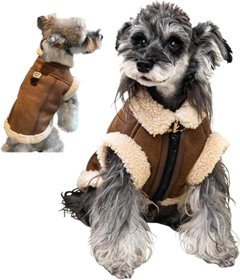 Retro Aviator Dog Jacket, Faux Leather Sherpa Lined Winter Coat for Small, Medium & Large Dogs, Warm Windproof Pilot Style Clothes for Male & Female Puppy, Cold Weather Outfit for Poodle, M (Coffee)