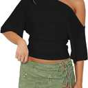 BONITEE Women One Shoulder Tops 2026 Summer Off The Shoulder Shirts Casual Cropped Short Sleeve Top Crop Blouses Tee Tshirts, Black, Meduim