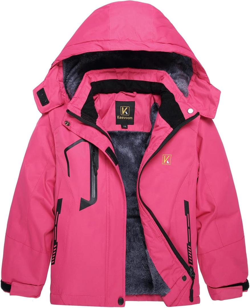Keevoom Girl's Waterproof Ski Jacket Fleece Snow Coat Windproof Warm Winter Snowboarding Jacket with Removable Hood (10-12)
