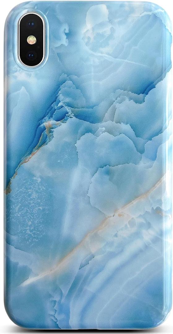 Qokey for iPhone Xs Case, for iPhone X Cases,Luxury Marble Design for Men Girls Women, Glossy Pattern Soft Shockproof TPU Anti-Scratch Phone Cover for iPhone Xs/X 5.8", Grey Blue