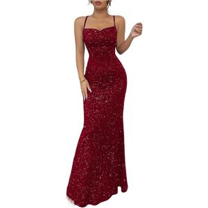 GORGLITTER Women's Sparkly Maxi Dress Wedding Guest Formal Cocktail Party Backless Cowl Neck Long Bodycon Dresses (Red), Size Medium