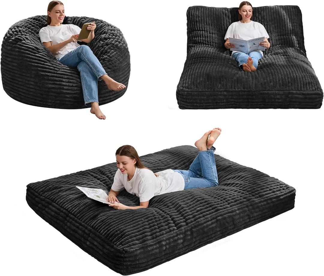 Hobestluk Bean Bag Chair Convertible Beanbag Chairs for Adults, 3 in 1 Bean Bags with Stripe Cover, Adult Bean Bag Chair for Living Room, Bedroom (Black, Full) (Charcoal)