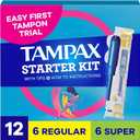 Tampax Starter Kit Multipack, with LeakGuard Braid, Regular/Super Absorbency, Easy First Tampon Trial, Unscented, 12 Count
