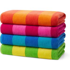 Kaufman - Soft Oversized Beach Towels in Bulk | 29" x 58" Velour Striped Towel | Absorbent, Quick-Drying | 100% Cotton Thick Towels (4 Pack)