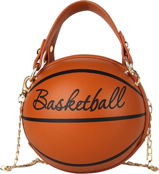 Women's Basketball Bag Basketball-Shaped Crossbody Bag Handbag Girl Mini One-Shoulder PU Leather Round Handbag (White 1)