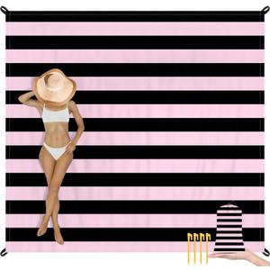 Beach Blanket Waterproof Sandproof, 78''86'' Large Beach Mat for 2-4 Adults with Stakes, Sand Free Quick Dry Lightweight Outdoor Picnic Blankets for Travel, Camping, Hiking (Black Pink Stripe)