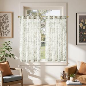 jinchan Linen Floral Tier Curtains 45 Inch Farmhouse Botanic Cafe Curtains Light Filtering Drapes for Small Windows Back Tab Half Window for Kitchen Living Room Bathroom 2 Panels Green (Floral Sage Green on Beige)
