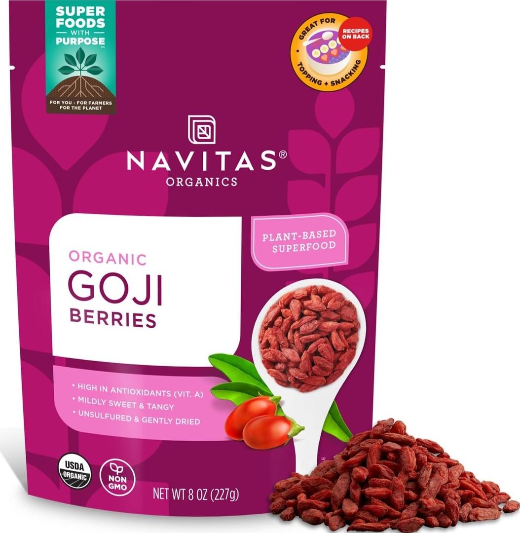 Navitas Organics Goji Berries For Smoothies, Trail Mix, Baked Goods, Oatmeal & More Vitamin A, Antioxidants, Fiber Wolfberry - USDA Organic, Non GMO, Gluten Free, Vegan (8oz. Bag, 8 Servings) (EXP 01/02/28)