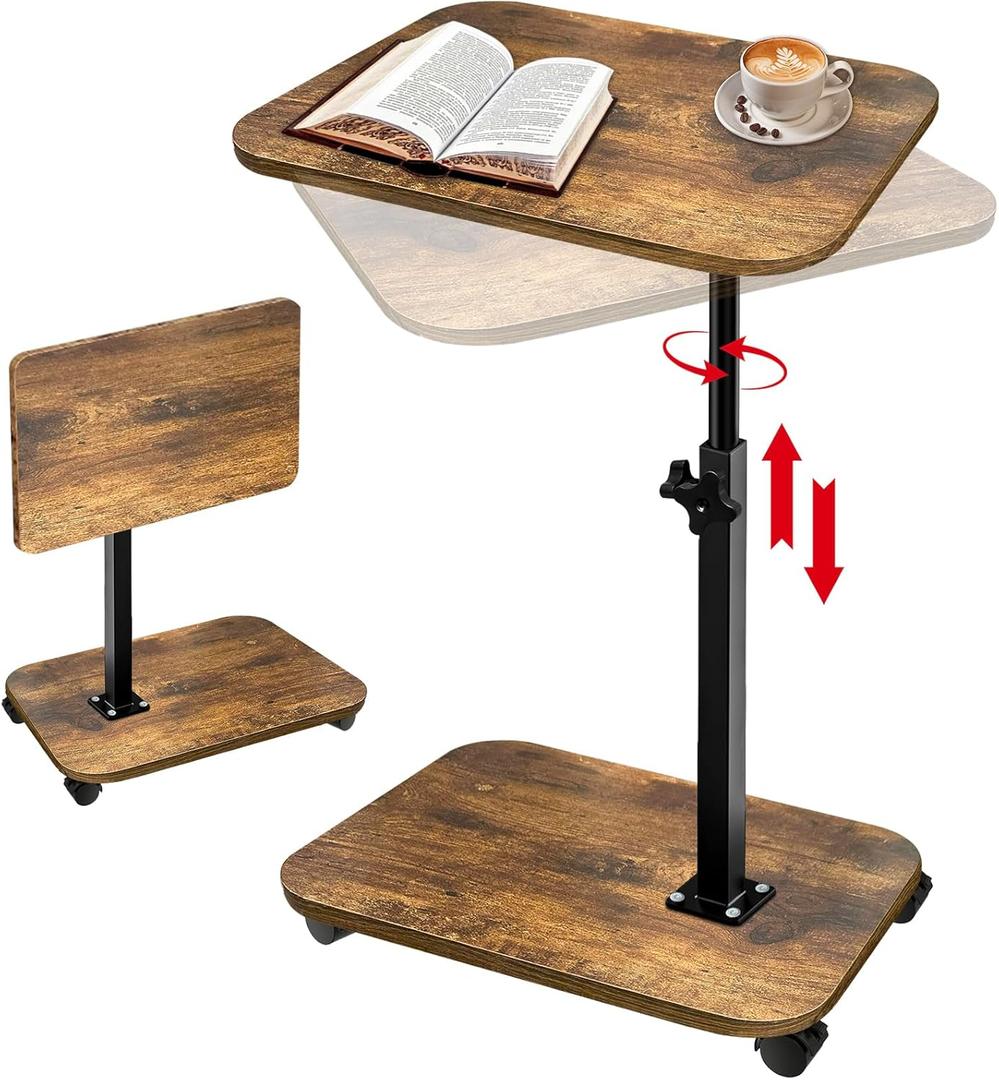 2-Tier TV Tray with Wheels, Adjustable Height & Angle, Wooden Side Table for Sofa  360 Swivel C-Shaped End Table for Meals, Coffee, Snacks, Books & Tablets  Rustic Brown