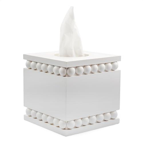 AuldHome Design Beaded Square Tissue Box Cover (White); Rustic Farmhouse Wood Tissue Holder