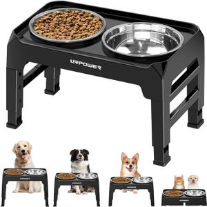 URPOWER 4 Height Adjustable Elevated Dog Bowls - 50oz Large Capacity Stainless Steel Bowls, No-Spill Edge, Non-Slip Stand for Small, Medium, Large Dogs & Pets