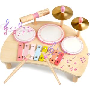 Kids Drum Set Montessori Musical Instruments for Toddlers 1-3, Wooden Baby Drum Kit with Xylophone, Preschool Music Toys for Early Learning, Educational Birthday Gift for Boys Girls (Pink)