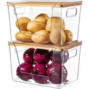 Criusia 2 Set Pantry Organizers and Storage with Bamboo Lids, Stackable Clear Bins for Onion, Potato, Fruit, Vegetables, Trash Bag Dispenser, Kitchen and Under Sink Organizer