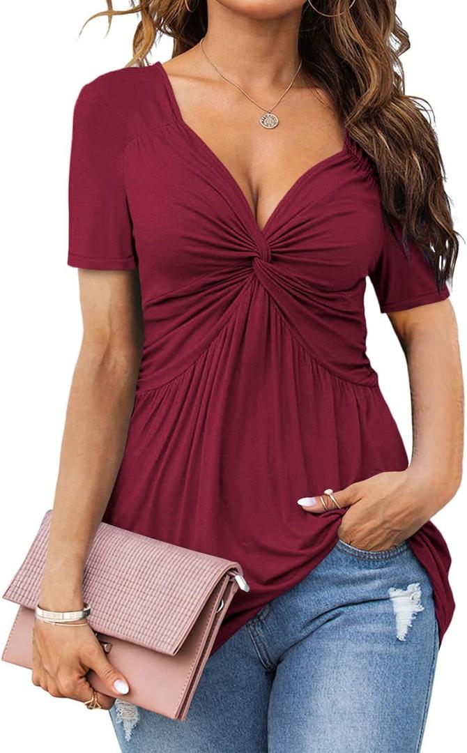 Tankaneo Womens Front Knotted V-Neck Blouse T Shirt Short Sleeve Oversized Tunic Tops Summer Solid Pullover Tees (XX-Large, B02-wine Red)