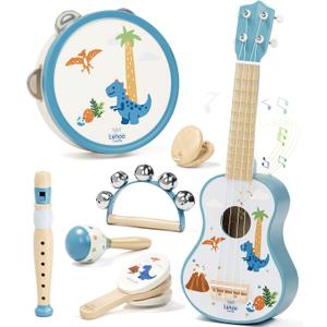 Lehoo Castle Kids Guitar Set, Dinosaur Guitar for Toddlers 1-3, Wooden Montessori Musical Instruments 7 in 1 with Ukulele/Tambourine/Maracas/Flute, Mini Band Set Birthday Gift for Boys Girls