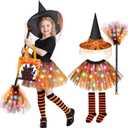 Jeowoqao Girls Halloween Dress upLight up Witch Costume for Girls, Witch Skirt Broom Hat Treat Bag for Toddler Aged 3 4 5 6 (Orange)