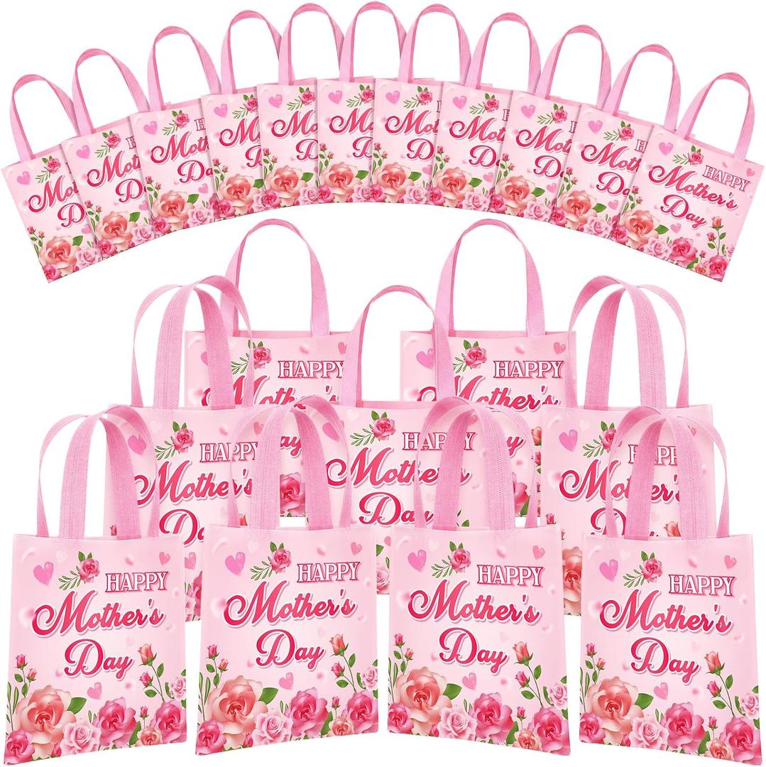 HunnmingRe 100 Pcs Mother's Day Gift Bags Bulk Floral Non Woven Treat Goodie Bags with Handles Reusable Love Mom Party Favors Gift Wrapping for Happy Mother's Day Birthday Party Supplies(Pink Rose)