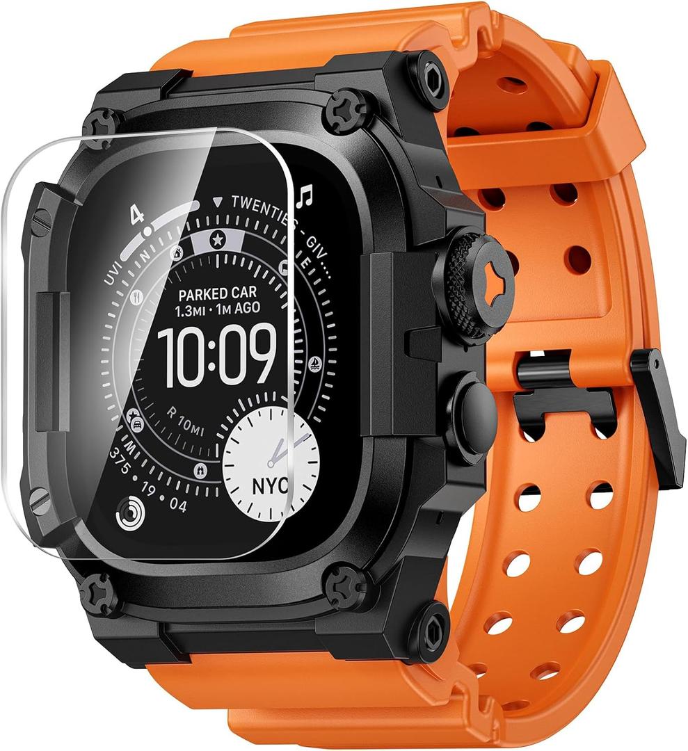 Goton Rugged Case with Band for Apple Watch Ultra 3/2/1 49mm, Military Grade Shockproof Cover + Screen Protector Kit for iWatch Band Men, Skin-Friendly TPU Strap for Outdoor Adventures (Orange)