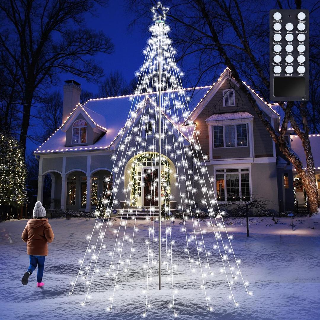 Lomotech Christmas Tree Lights - 10Ft 404 LED with 7.08" Topper, Remote Controll Waterproof Iron Pole Waterfall Lights for Outdoor Christmas Decorations (White)