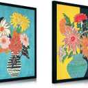 Yidepot Teal Gold Flowers Wall Decor - Vase Flower Boho Blue Floral Art Prints Fake Black Frame Colorful Art Work for Bedroom Walls 12"x16"x2 -black wood frame