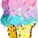BLUE PANDA Ice Cream Pinata for Birthday Party Decoration & Ice Cream Party Favors - Small Cardboard, 16.4 x 7.6 x 2.9 In, Pink, Blue & Yellow