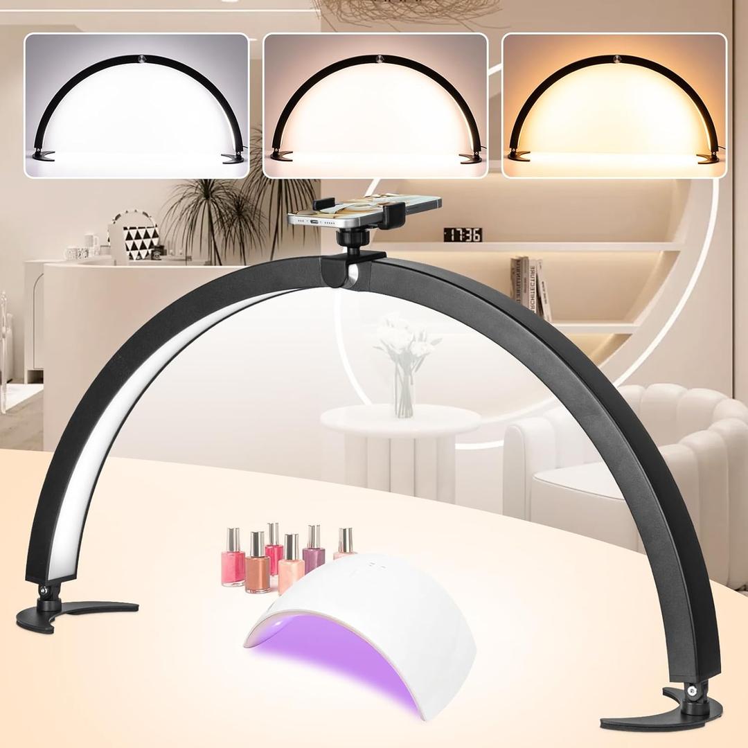 HITTI 29in Large Half Moon Light for Nail Desk with Phone Holder, Foldable Nail Tech Light, Lash Table Lamp with Wire Controller & Remote, 7 Color Modes 10 Brightness for Extension Tattoo Craft Beauty (Black)