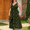 RWJ Women's Plus Size Wedding Guest Dress 2026 Floral Lace Wrap V Neck Sleeveless Formal Cocktail Party Maxi Dresses Sexy Elegant Evening Prom Summer Smocked Olive Green 3X-Large