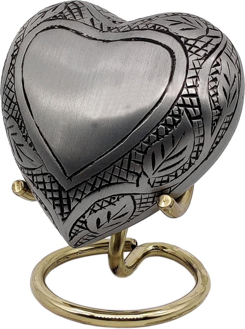 5MOONSUN5's Handcrafted Heart Urn Keepsake Cremation for Human pet Ashes Engraved Heart Shaped for Adults & Infants Honor Your Loved One. Comes with Brass Stand & Premium Box (Silver)