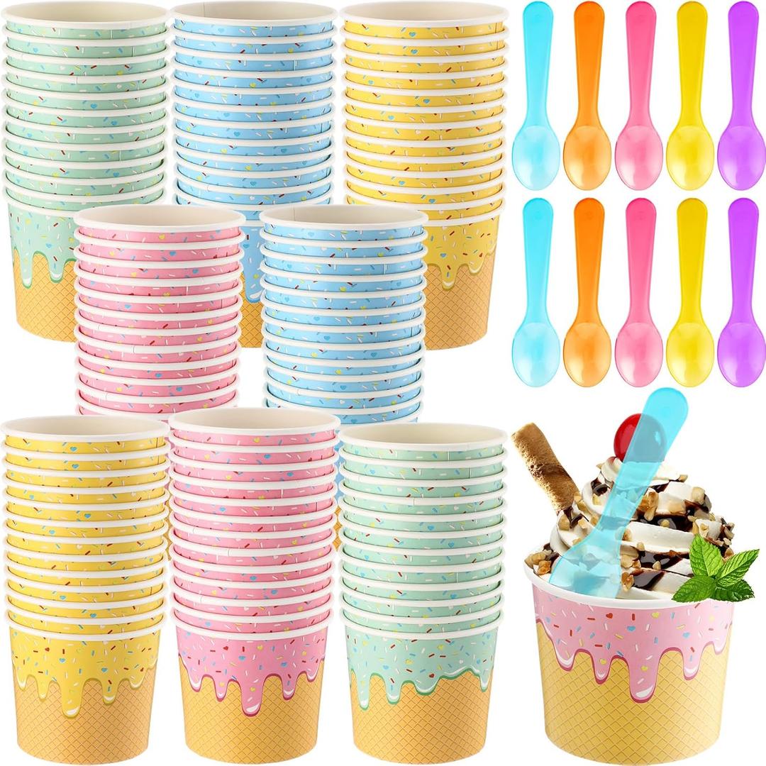 100 Pcs Ice Cream Cups with Spoons Paper Dessert Cups Colorful Sundae Bowls Disposable Ice Cream Containers for Hot Soup Spring Summer Graduation Bar Party Supplies (4 oz)