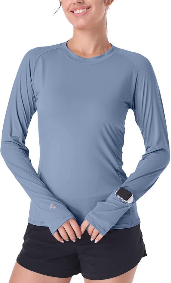 Womens Long Sleeve Sun Shirt Lightweight Uv Blocking Rash Guard Sunscreen Top SPF Protection Upf50+ Clothing with Thumb Hole (Large, Clear Blue)