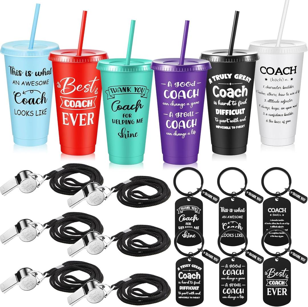 Hollowfly 6 Set Coach Appreciation Gifts for Men Women, Best Coach Ever Plastic Cup with Lid and Straw 24 oz Coaches Keychain Whistle, Soccer Baseball Softball Tennis Coaches Gift