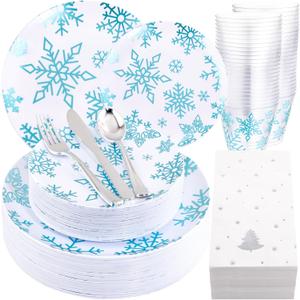 WDF 175Pcs Christmas Plates and Napkins Disposable Dinnerware Set for 25 Guests, White Blue Plates with Silverware, White Snowflake Cups and Festive Holiday Napkins Perfect for Christmas Winter