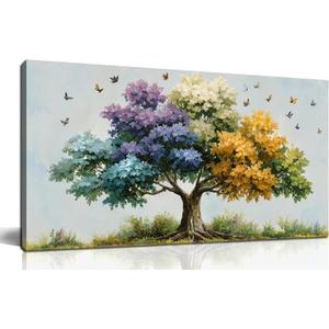 Kepgonegu Large Tree of Life Wall Art for Living Room Landscape Canvas Prints Colorful Butterfly Art for Bedroom Home Office Size 20x40 (20L" x 40W", green)