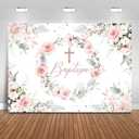 Mocsicka Baptism Baby Shower Backdrop for Girls Pink Floral Wreath Rose Gold Cross First Communion Baptism Decorations Greenery Leaves God Bless Ceremony Photography Background (5x3ft)