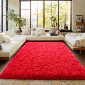 Red Fluffy Rug Plush Carpet for Bedroom Dorm, Non-Slip High Pile Rug, Shag Rug for Playroom Nursery Home Office Decor 6X9 Ft