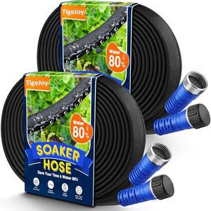 TigeJoy 100FT Flat Soaker Hose, Heavy Duty Double Layer Garden Watering Hose, Flexible Leakproof Drip Irrigation Hose for Raised Beds, Lawns & Vegetables, Save 80% Water Set Of One