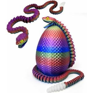 3D Printed Animals Toys: 21in Snake Egg with Flexible 3D Printed Snake for ADHD Sensory Play, Twist Open Desk Pets for Collectors & Kids, Easter Basket Stuffer-Rainbow