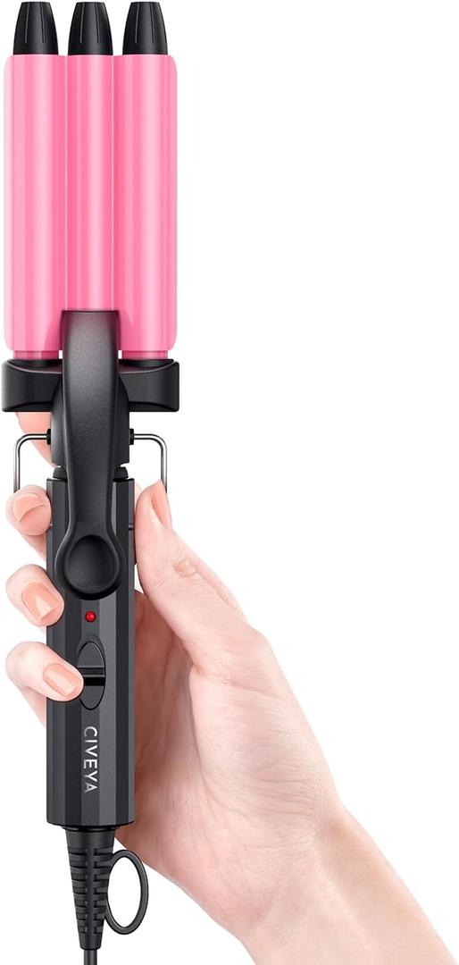 Mini Crimper for Short Hair 1/2 Inch, Small Beach Waves Tool, 3 Barrel Waver With Argan Oil Infused, Easy to Use Curling Iron (Pink)