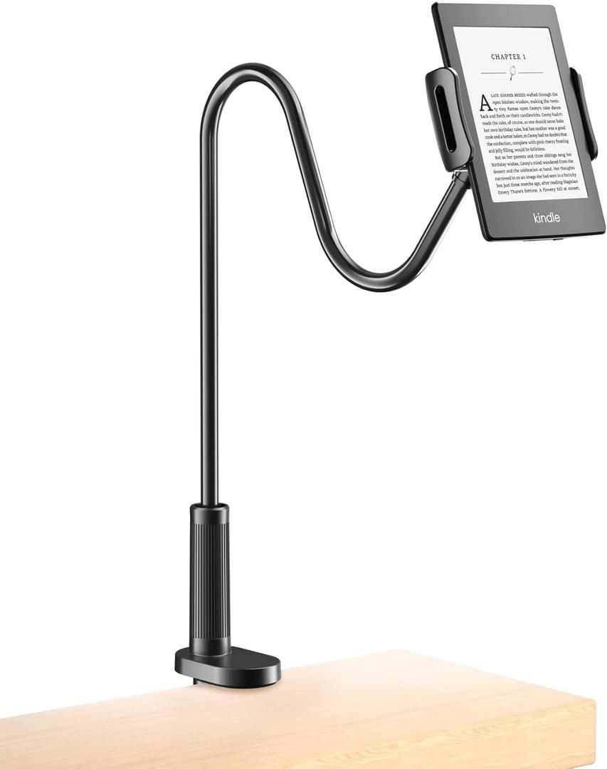 Gooseneck Tablet Holder for Kindle Reading in Bed, Hands Free Desk Bedside Lazy Arm Stand for Kindle Accessories, Compatible with iPhone iPad Mini