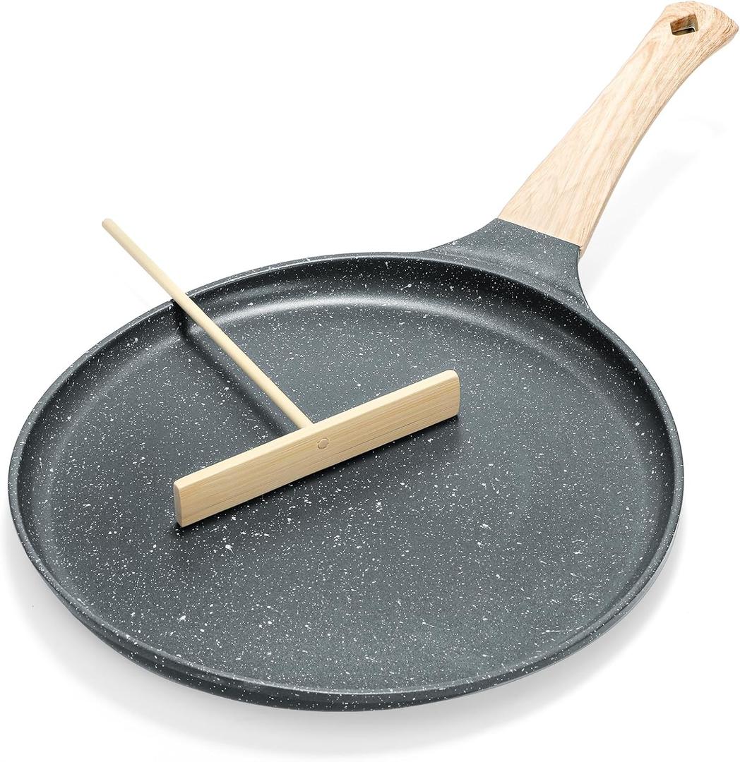 Hiceeden Nonstick Crepe Pan with Spreader, 10-Inch Tortilla Pan with Detachable Handle, Ceramic Coating Pancake Griddle Dosa Tawa Pan, for All Stove, Induction Compatible, PFOA Free, Black