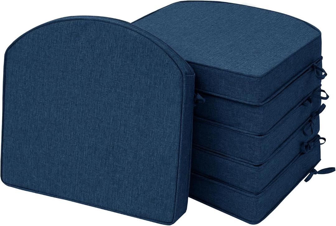 Outdoor Chair Cushions, Fade-Resistant & Water-Resistant, D Shaped Patio Furniture Seat Chair Pads Replacement with Ties, Non-Slip Bottom, Removable Cover, Set of 6, 18.5 x 16 Inch, Navy Blue