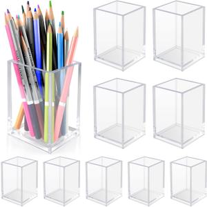 10 Pack Clear Acrylic Pen Holder for Desk, Pencil Cup Makeup Brush Organizer, Square Acrylic Pencil Holders for Office School Home Supplies, Desktop Stationery Organizer for Pens Markers Brushes