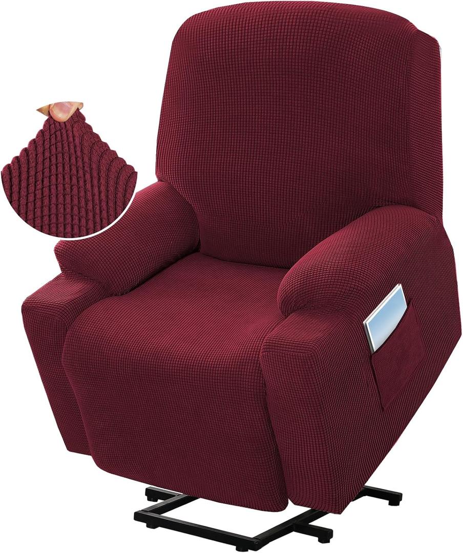High Stretch Recliner Slipcover with Side Pocket Electric Power Lift Recliner Chair Cover,Soft Jacquard Fabric Fitted Standard Large Power Lift Recliner (Burgundy)