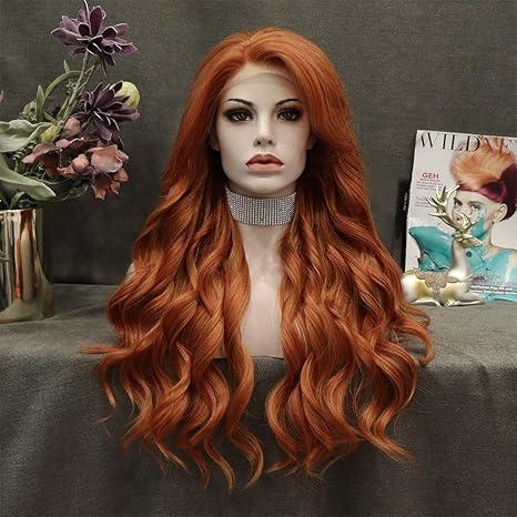 Ginger Synthetic Lace Front Wig Long Wavy Synthetic Lace Front Wig Glueless Heat Resistant for Drag Queen Cosplay Party Daliy Wear 26 Inches