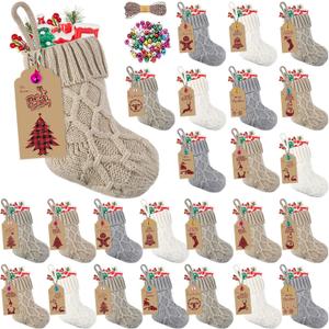 Glimin 24 Set Mini White Christmas Stockings Set with Red White Striped Scarf and Buttons 6 Inch Faux Fur Xmas Hanging Stocking Bulk Small Plush Xmas Stocking with Christmas Kraft Gift Tags