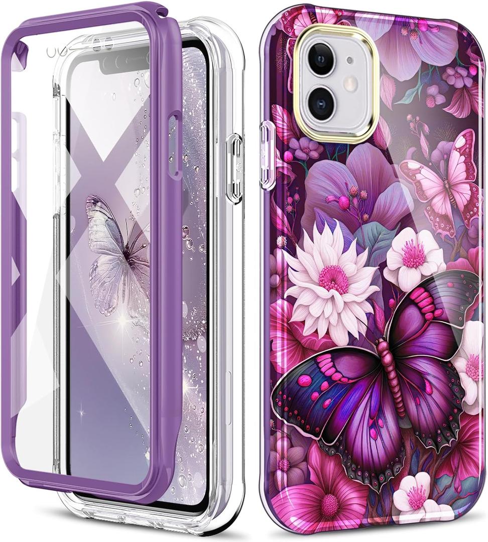 Cute Flower Case for iPhone 11 6.1 inch Built with Screen Protector, Lightweight and Stylish Full Body Shockproof Protective Rugged TPU Case for Women/Girls-Butterfly